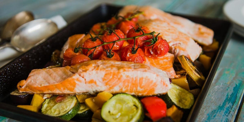 Salmon tray bake with Mediterranean veg