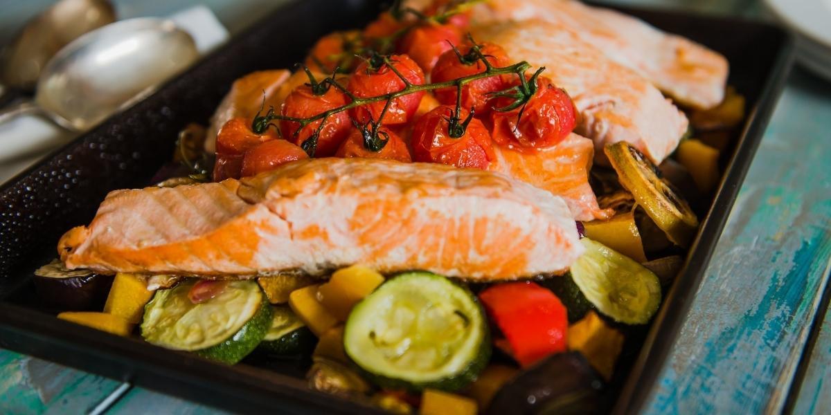 Salmon tray take with Mediterranean veg
